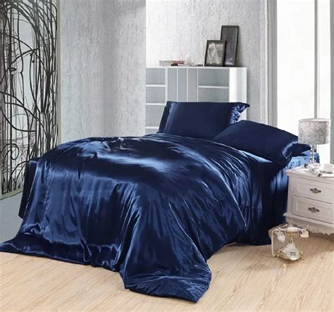 Dark blue bedding set silk satin california king size queen fitted bed ...