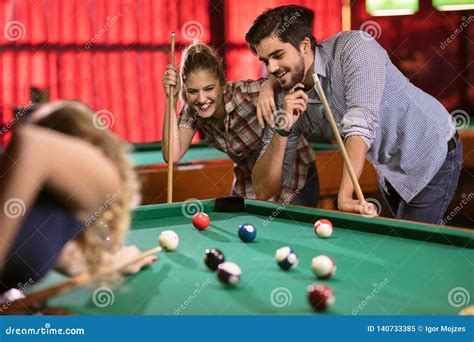 Billiards Game. Group of Friends Playing Pool Together Stock Image - Image of shooting, hobby ...