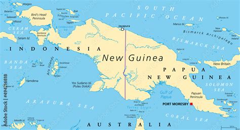 New Guinea, political map. 2nd-largest island of the world located in Oceania in South Pacific ...