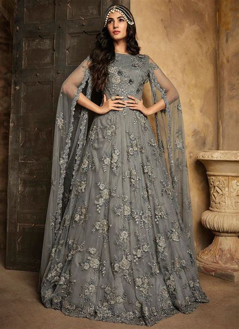 Designer Grey Net Floor Touching Sleeve Anarkali Suit in 2020 | Net gowns, Gowns, Designer anarkali