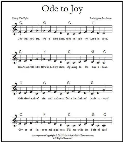 Ode to Joy piano sheet music EASY, with lyrics. At Music-for-Music ...