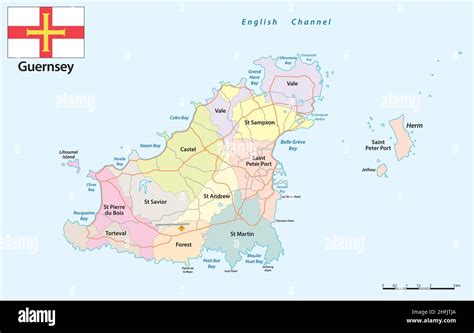 Administrative districts and road map Card of the Channel Island Guernsey with flag Stock Vector ...