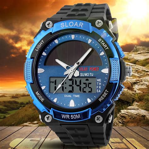 2018 New Men Sports Solar Power Dual Time Display Water Resistant ...