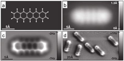 Resolving the chemical structure of pentacene. a) Structural model of ...