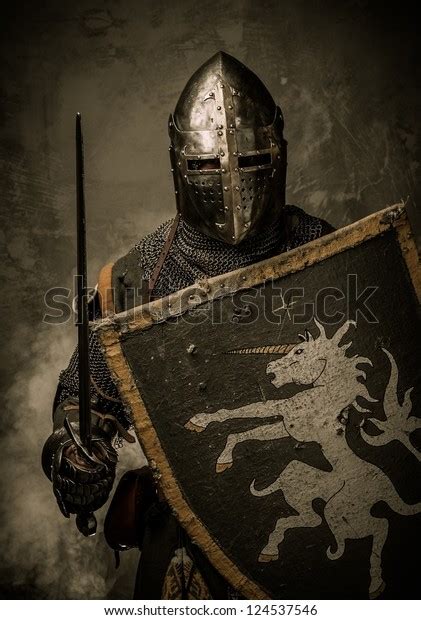 Medieval Knight Sword Shield Against Stone Stock Photo (Edit Now) 124537546