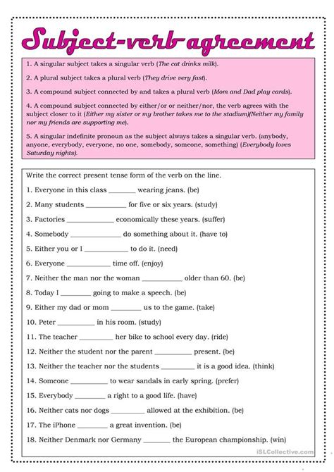 Subject-verb agreement - English ESL Worksheets for distance learning ...