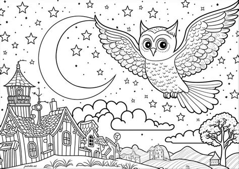 an owl flying in the sky over a town with stars and moon coloring page for adults