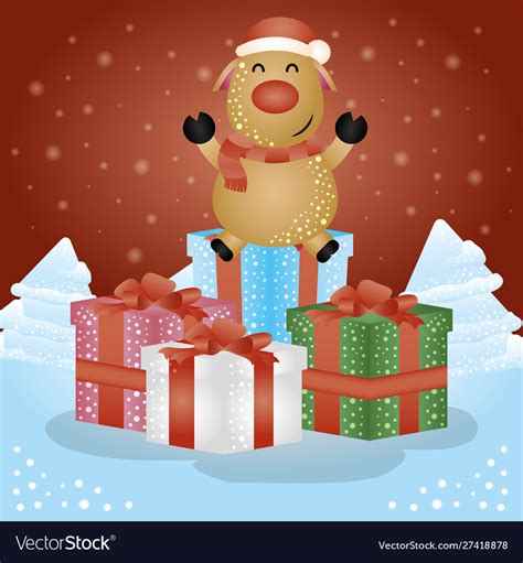 Merry christmas card with gifts and reindeer Vector Image