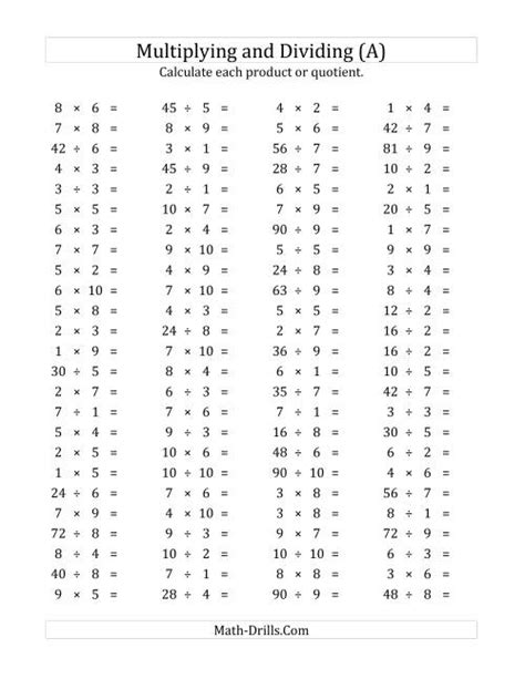 100 Horizontal Multiplication/Division Questions (Facts 1 to 10) (A)