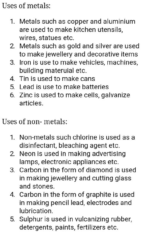 What are the use of metal and non metal explain each one - Science - Materials Metals and Non ...