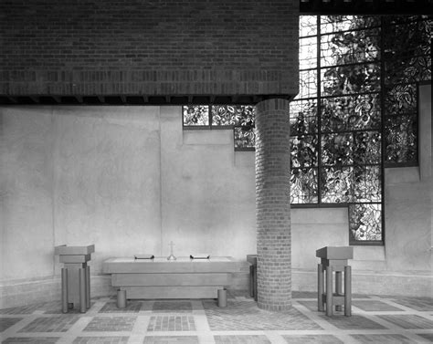 Robinson College, Grange Road, Cambridge: the chapel altar with the stained glass window by John ...