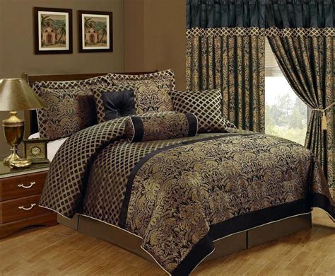 Queen Cal King Bed Black Gold Floral Damask Lattice 7 pc Comforter Set ...