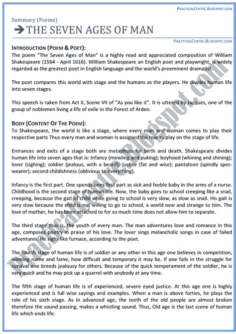 The Seven Ages of Man (Poem) - Chapters Summary - English XII - Practical Centre