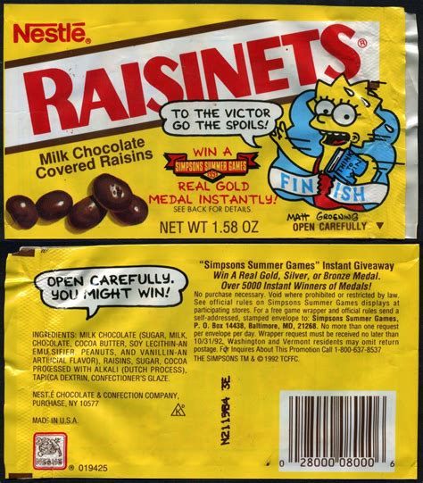 Nestle - Raisinets - Simpsons Summer Games - candy wrapper package ...