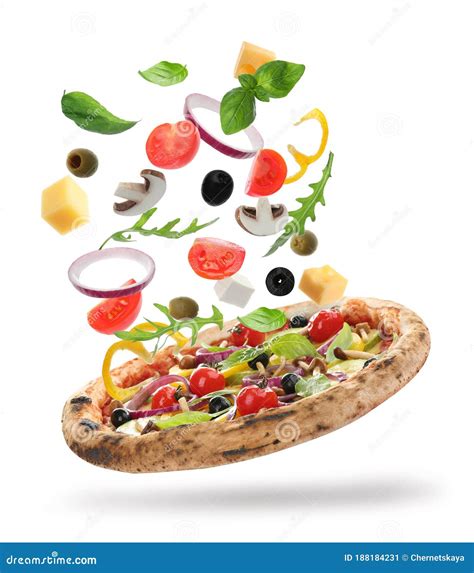 Delicious Pizza with Flying Ingredients on Background Stock Image - Image of crust, collage ...