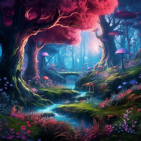 Premium AI Image | A painting of a forest with a bridge and mushrooms