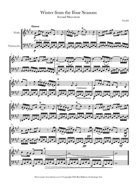 Vivaldi - Winter from the Four Seasons 2nd movement Sheet music for Violin-Cello Duet - 8notes.com