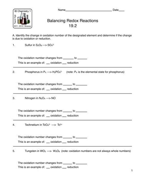 Worksheet Balancing Redox Reactions (half-equation Method) Answers ...