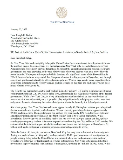 Letter to President Biden and FEMA on Federal Funding for Asylum Seekers :Office of the New York ...