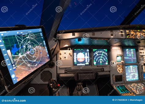 Modern Cockpit of an Jet Airplane during Night Flight in Chinese ...