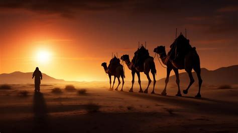 Premium Photo | Camels and human in the arabian desert in sunset create using generative AI tools