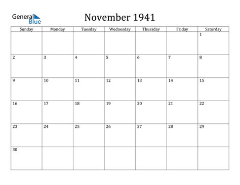 November 1941 Calendar - PDF Word Excel