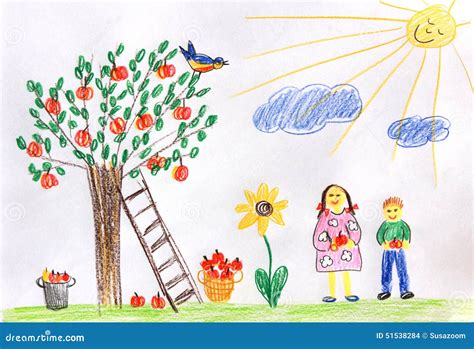 Children In A Autumn Garden - Children Drawing Stock Illustration - Image: 51538284