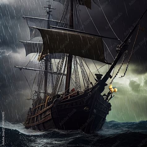 A pirate ship on the high seas during a storm. An old ancient pirate ...