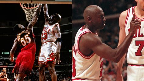 Michael Jordan dunk on Dikembe Mutombo and finger wag