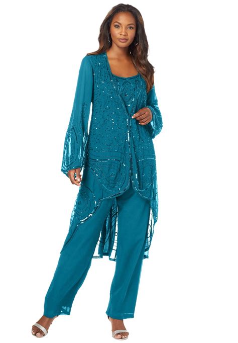 Roaman's Women's Plus Size Three-Piece Beaded Pant Suit Formal Evening ...