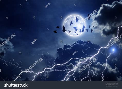 Night Sky With Full Moon, Lightning, Dark Clouds. Flock Of Flying ...