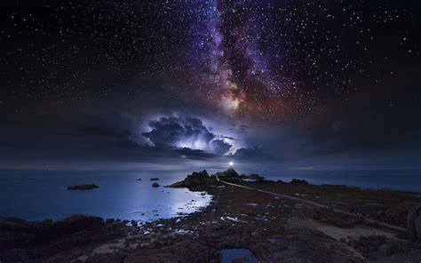 Wallpaper : landscape, sea, galaxy, nature, sky, long exposure, clouds, storm, Milky Way, coast ...