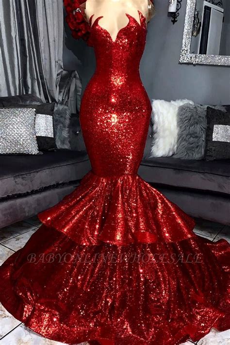 Sparkly Hot Red Mermaid Prom Dress with Ruffles | Elegant Evening Gowns with shining details ...