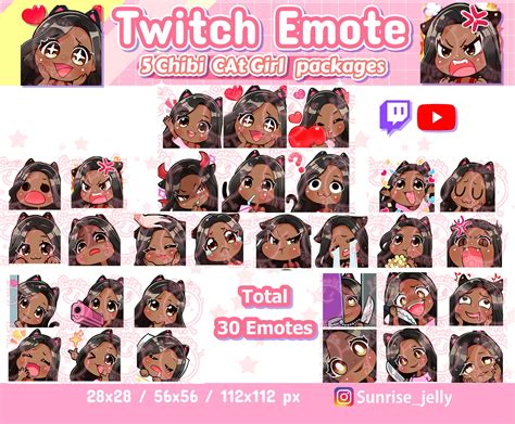 streamers Twitch emotes pack Chibi Girl Black hair Brown eyes emoji Youtube Discord Cat Rainbow ...