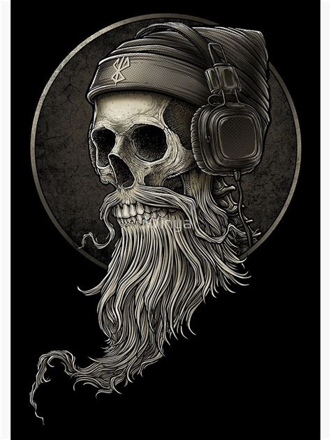 Póster for Sale con la obra «Barba de calavera vikinga vintage con auriculares» de Winya | Skull ...