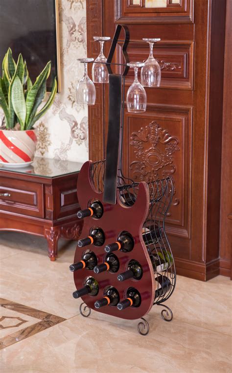 Vintage Wood and Metal Guitar Shaped 9 Bottle Freestanding Decorative Wine Holder - Vintiquewise