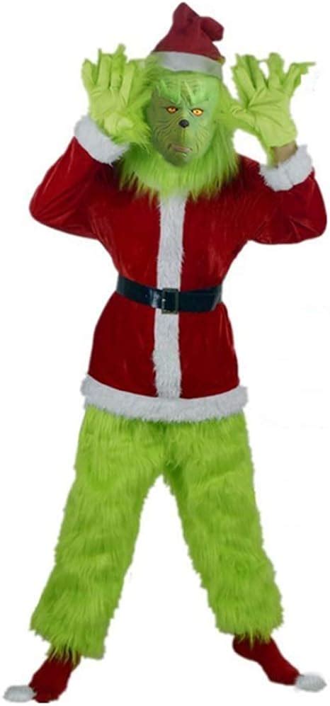 Grinch Costume Adult Green Monster Christmas 7PCS Deluxe Santa Costume with Mask (L/XL, Upgrade ...