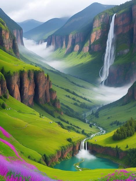 Premium AI Image | Mountain valley with waterfall