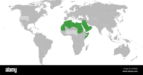 Arab world political map highlighted in green color vector illustration. Gray background Stock ...