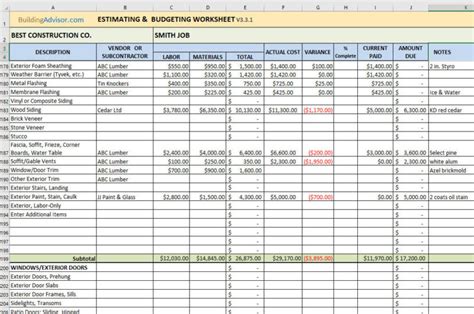 Construction Estimating Spreadsheet