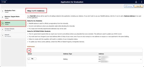 On Step 3 of 5 Address page, the plus button is highlight to illustrate adding a Diploma Address ...