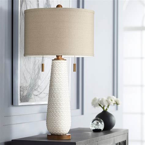 Mid Century Modern Table Lamp White Ceramic Taupe Shade for Living Room Bedroom | eBay