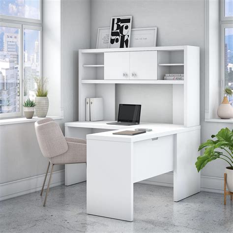 L Shaped Desk with Hutch in Pure White by Bush