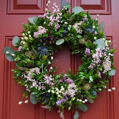 Spring door wreath with fresh greens and flowers. | Flower arrangements ...