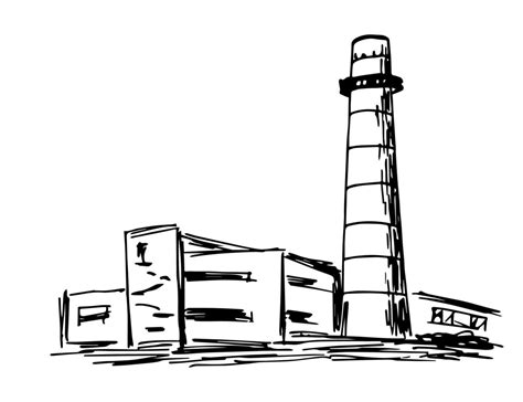 Hand-drawn simple ink vector sketch. Old factory with a pipe. Industrial building. Black outline ...