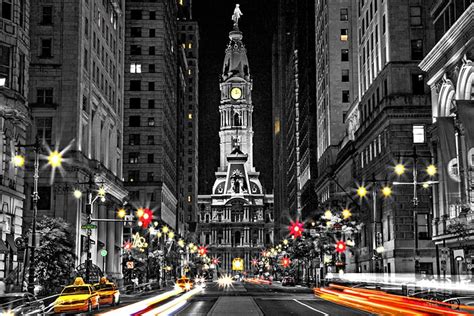 Philadelphia City Hall at Night With Color Cabs B&W Canvas Art - Etsy