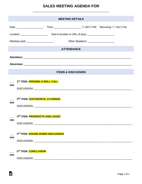 Free Sales Meeting Agenda Template - PDF | Word – eForms