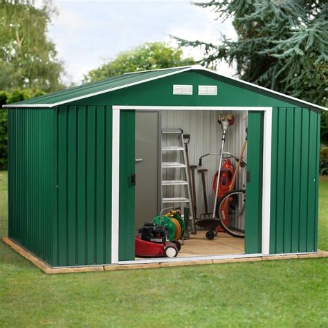 Metal garden shed 10x8ft in green white apex roof - Homegenies