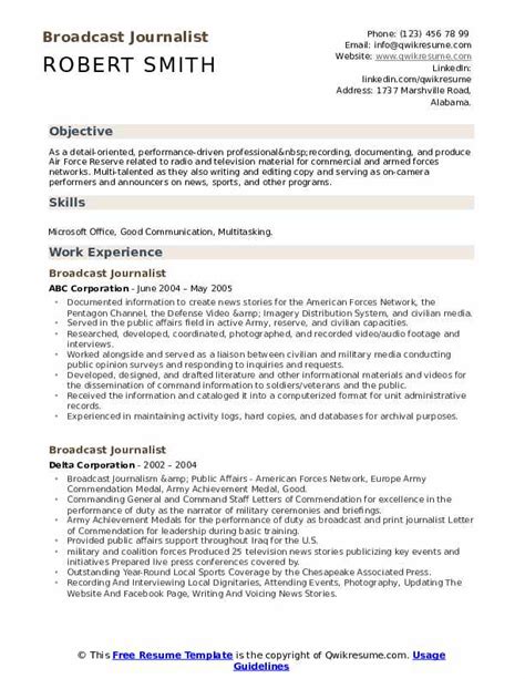 Broadcast Journalist Resume Samples | QwikResume