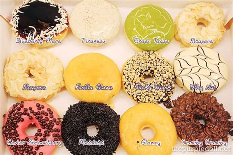 a box filled with lots of different flavored donuts